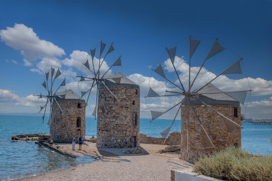 Greece island; Chios island historical windmill. Travel concept photo.