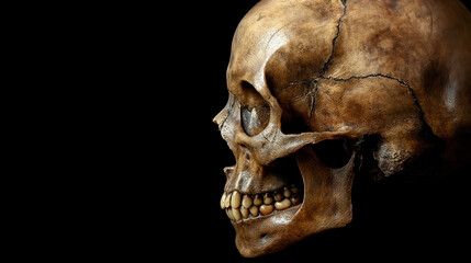 Side view of an aged human skull with visible cracks and a dark background, emphasizing its texture and historical significance.