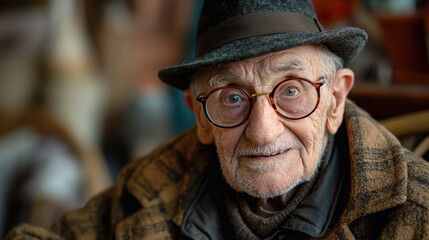 Fototapeta premium Elderly man with glasses and a warm smile, wearing a hat and cozy clothes, capturing a friendly and wise demeanor in a close-up portrait.