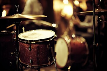 Drum set in dimly lit music performance