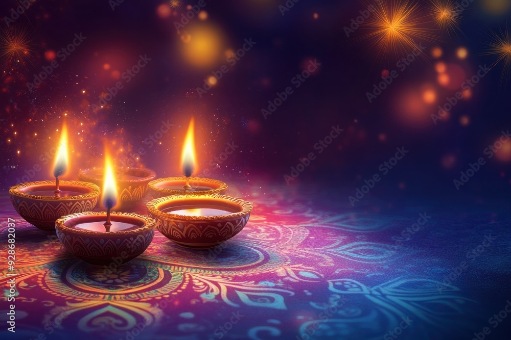 Poster illuminated diyas on a patterned surface with a festive background