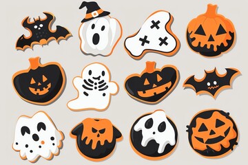 Halloween cookies, decorated with spooky icing, flat design illustration