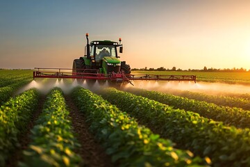 Fototapeta premium Tractor spraying pesticides on soybean field with sprayer at spring