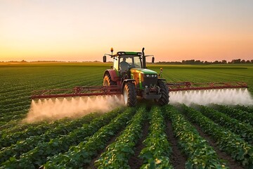 Fototapeta premium Tractor spraying pesticides on soybean field with sprayer at spring