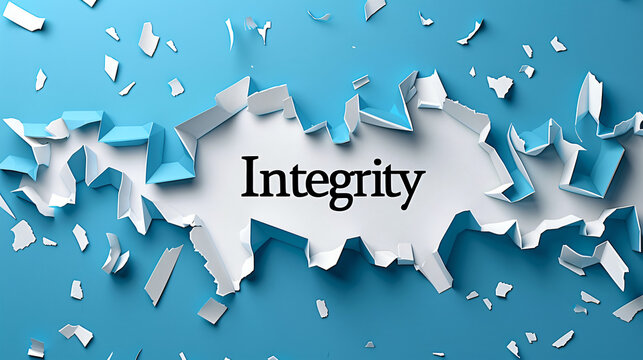 Ripped paper background with the word integrity, hinting at concealed virtue and honesty