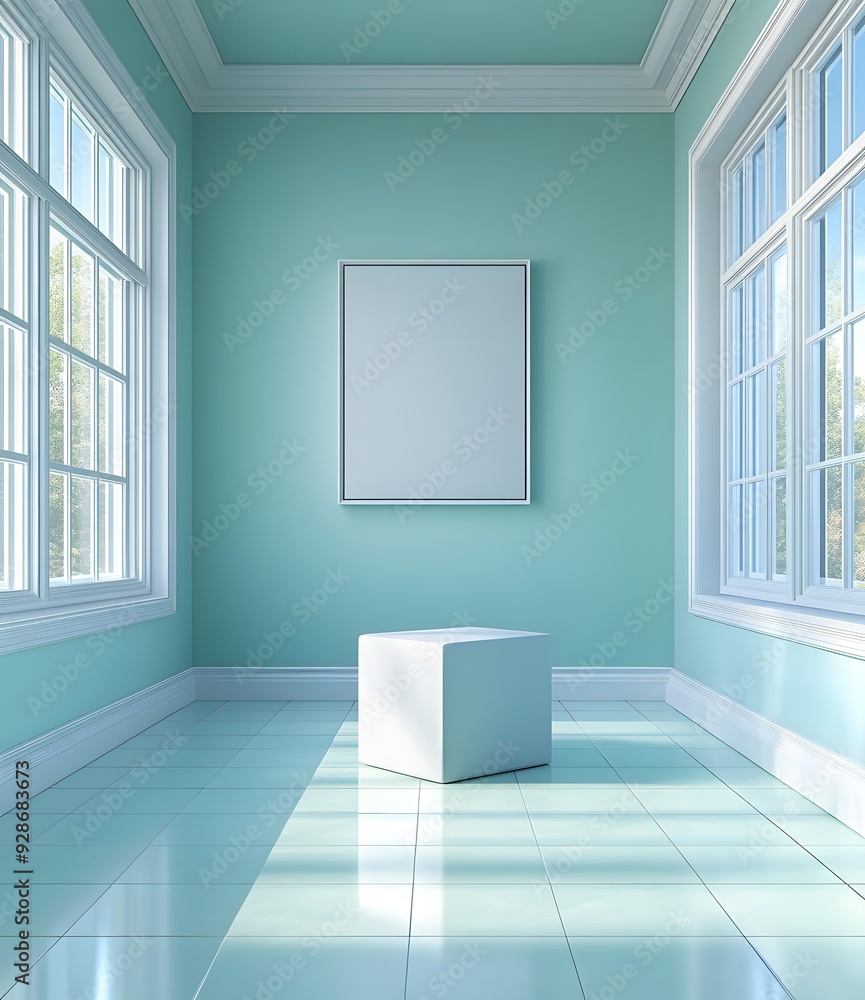 Poster empty room with white cube and canvas