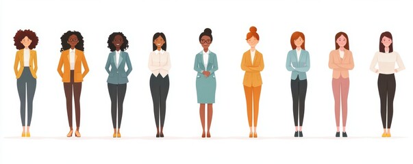 Business women collection.  illustration of diverse multinational standing cartoon women in office outfits. Isolated on white, Generative AI