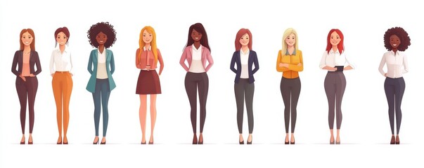 Business women collection.  illustration of diverse multinational standing cartoon women in office outfits. Isolated on white, Generative AI