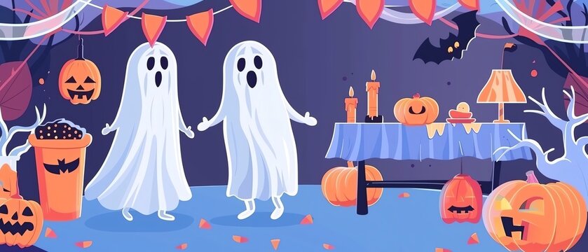 Human and ghost, interacting at Halloween party, flat design illustration
