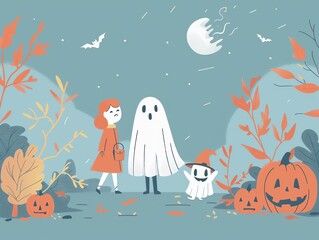 Human and ghost, celebrating Halloween, flat design illustration