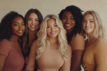 Fototapeta premium Beauty and unity, this diverse group of beautiful women of all skin tones and races together posing in the skin care ad campaign. A multiracial diverse group of women, inclusivity body, Generative AI