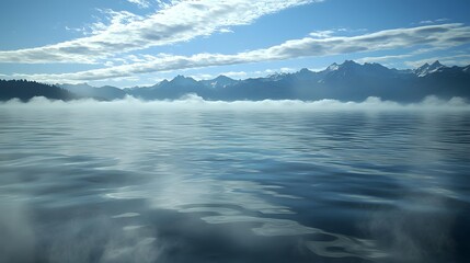 Fototapeta premium Misty Morning Landscape with Mountain Range and Calm Water