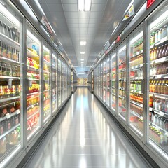 Supermarket Aisle with Refrigerated Display Cases