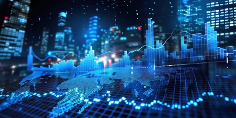 Futuristic cityscape with glowing graphs and data visualizations, symbolizing finance and technology advancements.