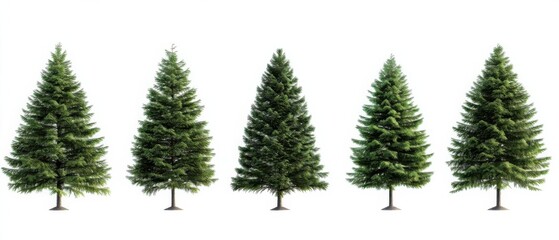 Obraz premium A lineup of five lush evergreen trees against a white background, highlighting their symmetrical shapes and vibrant greenery.