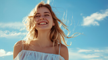 Naklejka premium Beautiful blonde woman with her smile on a sky blue background