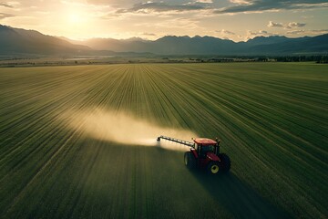 Tractor spraying pesticides on soybean field with sprayer at spring