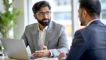 An Indian banker offering financial advice during a one-on-one meeting.
