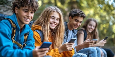 Fototapeta premium Group of teenagers with smartphone outdoor, Generative AI