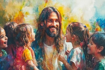 Jesus surrounded by children, vibrant and joyful watercolor, innocence and purity, Jesus, childlike faith