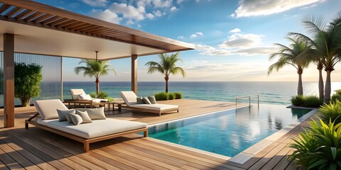 Fototapeta premium Beach lounge outdoor pool with luxurious interior design , luxury, relaxation, tropical, vacation, summer, resort, poolside
