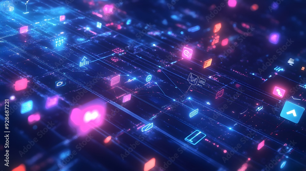 Aufkleber abstract digital network with glowing icons and lines