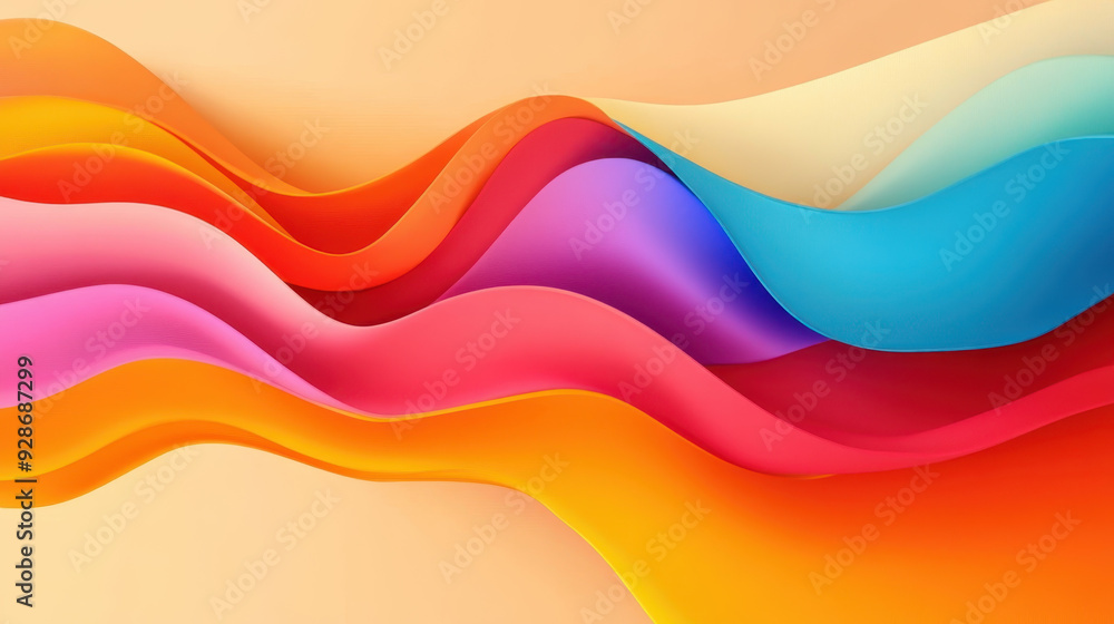 Poster abstract wave patterns in vibrant colors creating a dynamic and fluid visual effect on a soft pastel