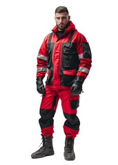 Man in red work suit with boots cut out from transparent background PNG file