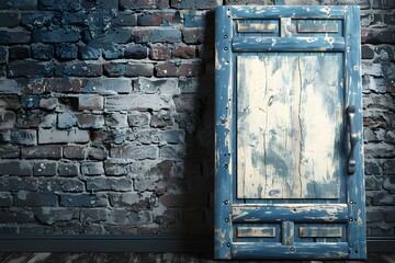 Naklejka premium Old Blue Wooden Door Against a Brick Wall
