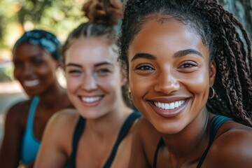 Fototapeta premium Happy multi generational women having fun together - Multiracial friends smiling on camera after sport workout outdoor - Main focus on african female, Generative AI