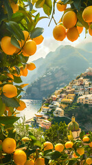 "Sunny Citrus: A Stunning View of Coastal Town Framed by Lush Lemon Trees"