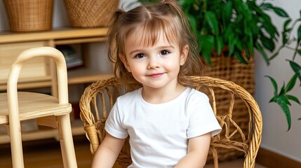 A cheerful child with curly hair stands proudly in a warm, cozy room, showcasing a plain white t-shirt mockup against a backdrop of wooden furniture