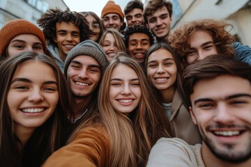 Fototapeta premium Big group of cheerful Motivated and excited young friends taking selfie portrait. Happy people looking at the camera smiling. Concept of community, youth lifestyle and, Generative AI