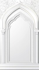 A decorative white mirror with an ornate arch design against a textured background.