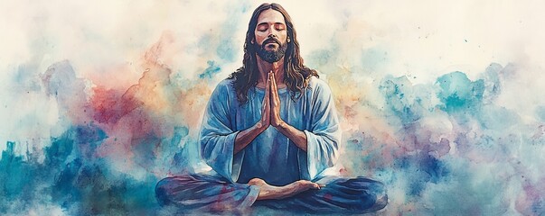 Watercolor depiction of Jesus in a meditative prayer pose, surrounded by abstract religious symbols, tranquility, faith