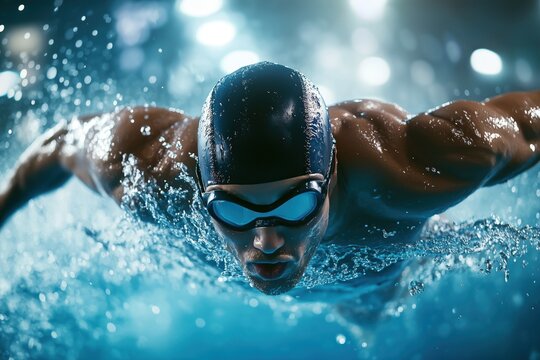 Homme nageant dans une piscine portant un bonnet de bain et des lunettes de natation, avec une expression intense sur le visage, entour&eacute; d'&eacute;claboussures d'eau.