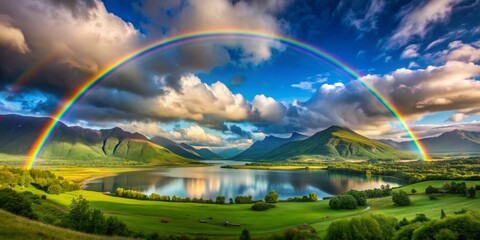 Obraz premium Double Rainbow Over Mountain Lake, nature , landscape , scenery , rainbow