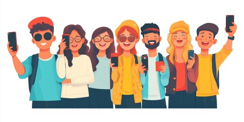 Group of young stylish modern teenagers people with smartphones and making selfie together isolated on white background. flat illustration, Generative AI