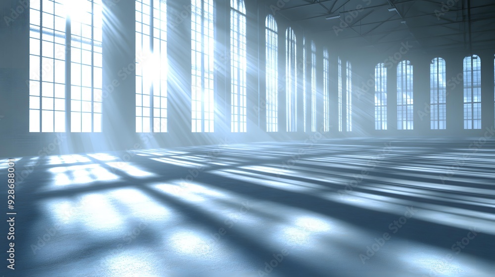 Poster empty room with windows and light rays