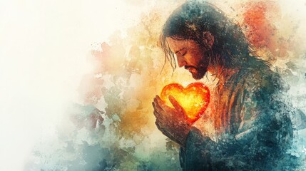 Jesus praying with a glowing heart, watercolor emphasis on light and love, religious devotion, sacred imagery
