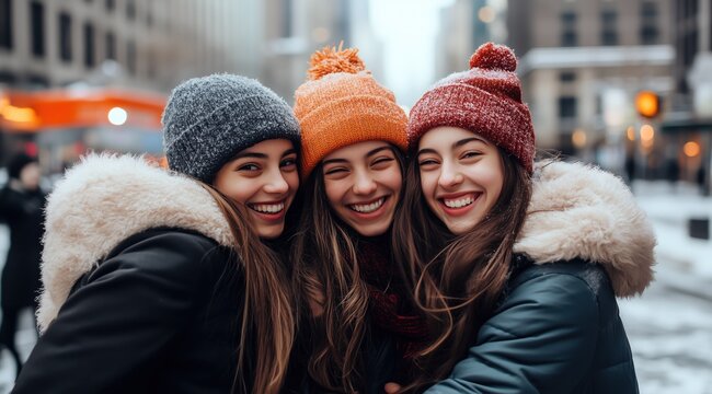 Trois belles jeunes femmes dans la rue, souriante avec les cheveux longs et portant des v&ecirc;tements d'hiver &agrave; la mode.