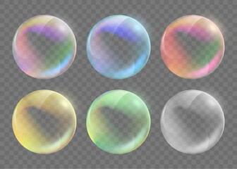 Soap bubbles isolated on transparent background. Vector template.
