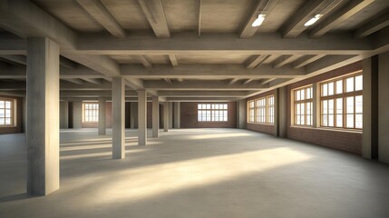 Empty Industrial Building With Large Windows And Exposed Beams