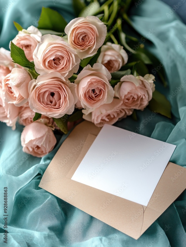 Canvas Prints A bouquet of soft pink roses beside a blank card on a textured fabric background.