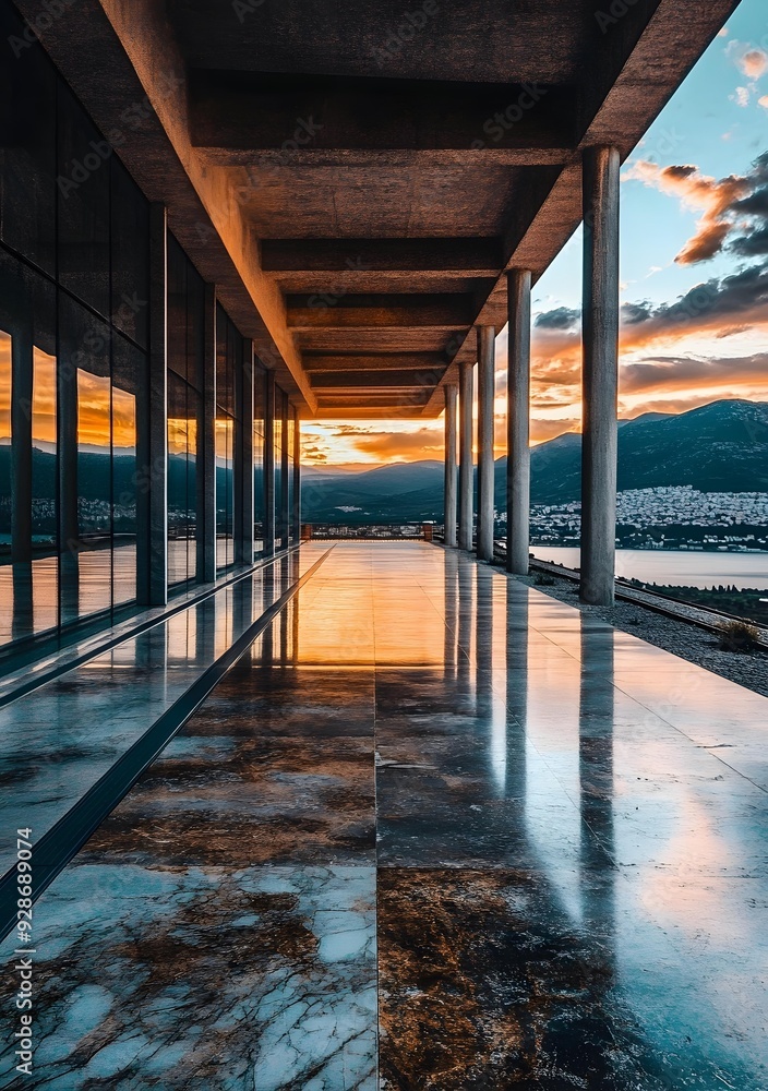 Poster modern building architecture with glass walls and columns