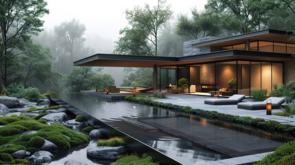 Modern house with pool and fog in the background.