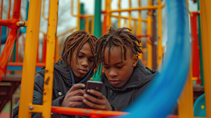 Obraz premium Multiracial Children Playing with Smartphone at Colorful Playground - Youth, Technology, and Outdoor Fun. Generative ai