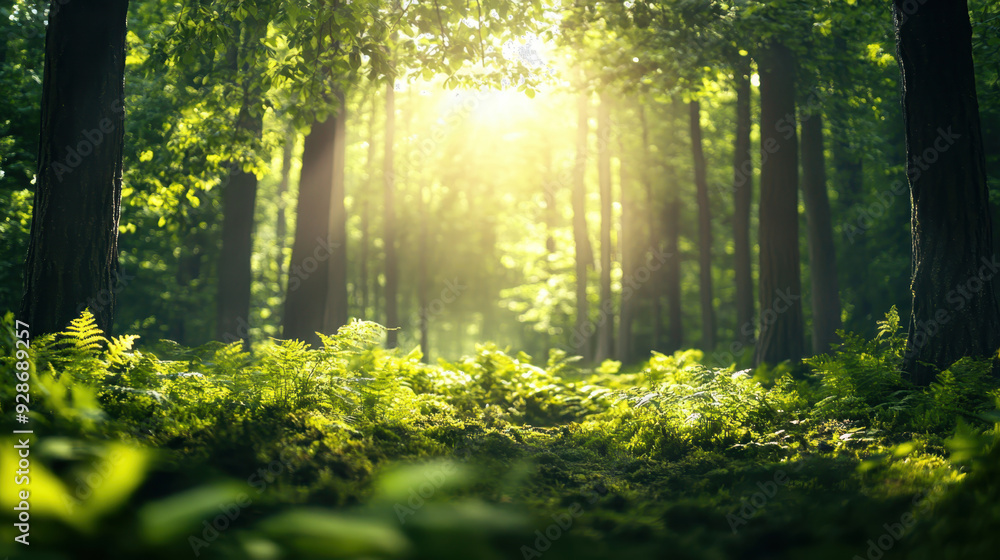 Poster sunlight streaming through dense forest trees on a vibrant green undergrowth of ferns, creating a se