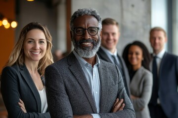 A diverse group of successful businesspeople gather and pose for a photo, showcasing teamwork and professional empowerment in a modern office setting, Generative AI