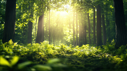 Obraz premium Sunlight streaming through dense forest trees on a vibrant green undergrowth of ferns, creating a serene and peaceful atmosphere